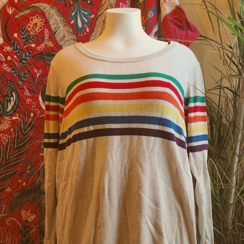 CELEBRATE LOVE OATMEAL RAINBOW STRIPE PULLOVER SWEATER